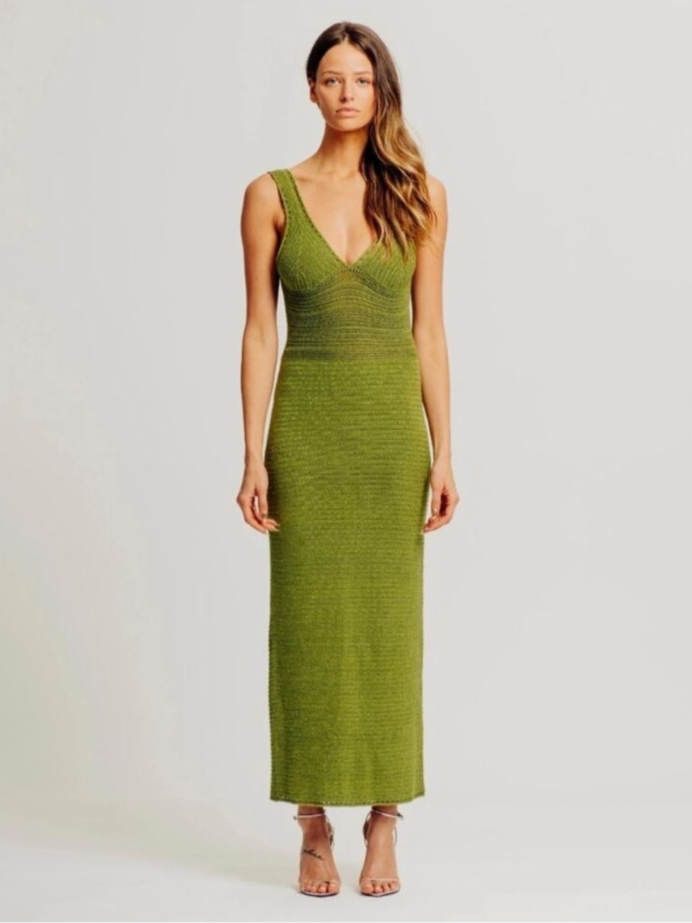 Torn by Ronny Kobo Madi Knit Maxi Dress in Olive Metallic Green Size Small New